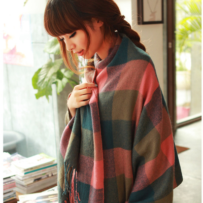 秋冬季韩版羊绒格子围巾女士针织毛线围脖披肩加长情侣围巾保暖