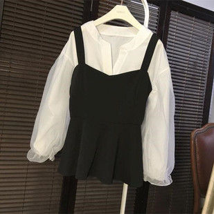 秋装新款韩版时尚收腰裙摆吊带上衣+欧根纱灯笼袖白衬衫两件套女