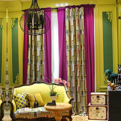 北欧时尚现代简约几何抽象撞色遮光窗帘布定制卧室客厅棉麻印花