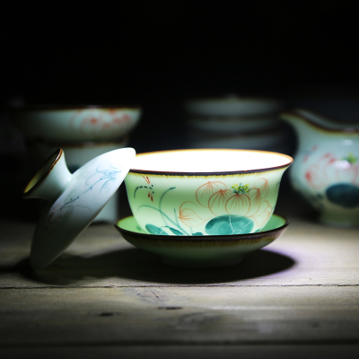 手绘茶具盖碗茶碗青瓷窑变手绘青瓷 敬茶碗 陶瓷三才碗 特价茶杯