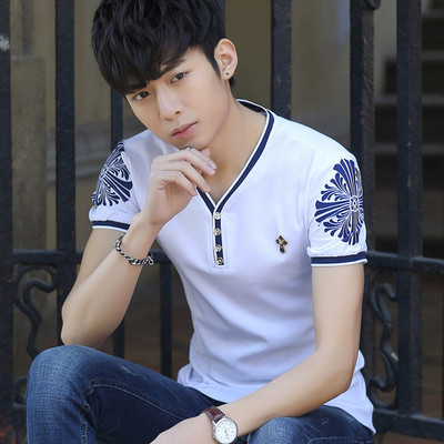 2017新款夏季V领男士短袖T恤韩版莱卡棉修身体恤衫青少年半袖上衣