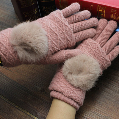 2016新款韩版仿羊绒手套女半指可爱触屏兔毛球分指户外手套女白手