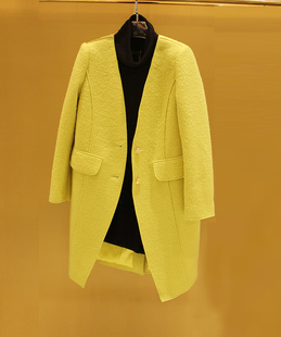 百丝专柜正品2016冬装新品黄色V领羊毛呢大衣修身外套女AKF511028