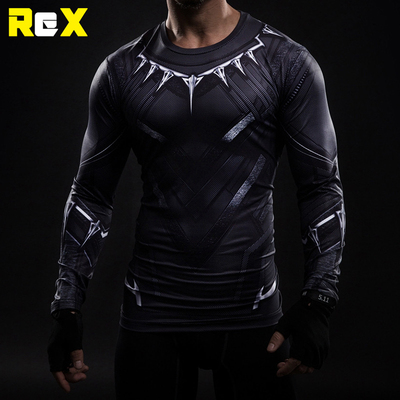 秋冬款健身房超级英雄美国队长3黑豹紧身衣运动健身速干长袖男T恤