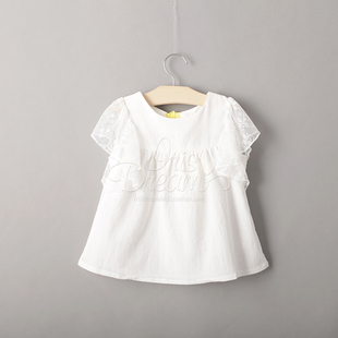 高端童装2015夏韩国进口面料女童起皱全棉蕾丝袖拼接娃娃衫童T恤