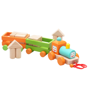 三节收纳积木车 儿童早教益智力木质玩具 宝宝拖拉学步车1-2-3岁