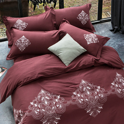 欧罗帝家纺 100%双面纯棉绣花四件套 纯色简约风被套床单床上用品