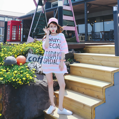 YCSOUL 韩版夏季女纯棉宽松显瘦条纹字母印花中长款短款T恤连衣裙