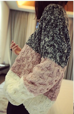2015冬季新款韩国东大门拼色条纹混毛线套头加厚棒针针织毛衣女