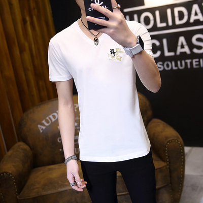 青少年韩版修身短袖体恤男V领上衣潮 夏季新款男生纯色吸汗短袖TX
