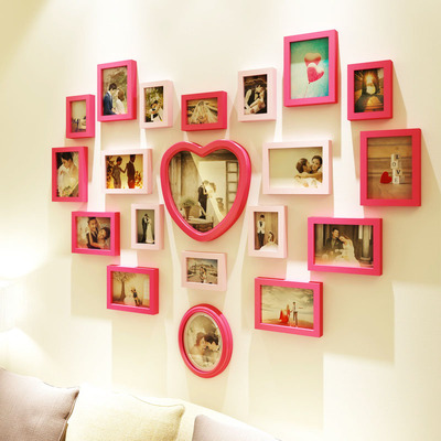 创意实木客厅照片墙 爱心形婚纱照现代儿童卧室相片墙相框墙组合