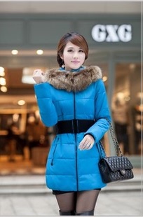 2014冬韩版女装大码正品加厚腰带大毛领中长款女羽绒棉衣棉服外套