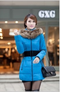 2014冬韩版女装大码正品加厚腰带大毛领中长款女羽绒棉衣棉服外套
