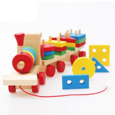 批发木质三节火车形状大号小火车儿童木制积木拆装玩具托马斯