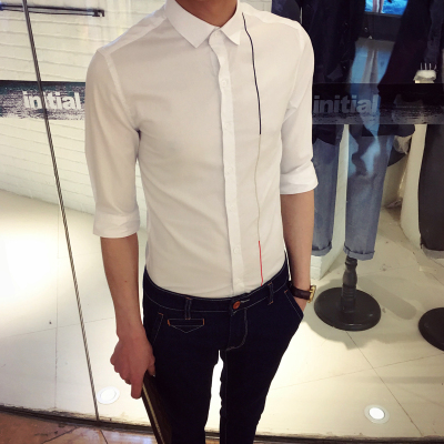 五分袖衬衫韩版修身男士白衬衣夏季中袖寸衫上衣青年英伦潮流男装