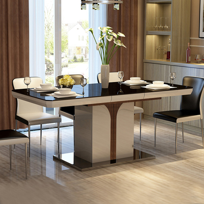 餐桌椅组合6人折叠餐桌伸缩钢化玻璃长方形简约现代小户型饭桌