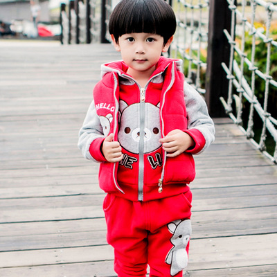 韩版中小童纯棉卫衣三件套儿童冬装加厚男女童潮马甲套装