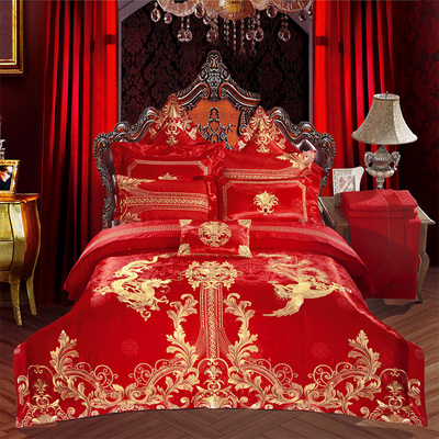 婚庆多件套刺绣四件套床上用品大红四六十件套结婚被套龙凤多件套