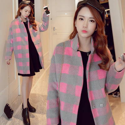 2015冬装中长款款韩版粉色毛呢格子大衣加棉加厚宽松茧型呢子外套