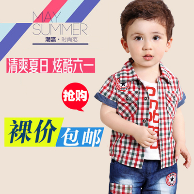 宝宝夏装男童短袖衬衫短裤外套装2015婴儿童装衣服装3-0-1-2岁半