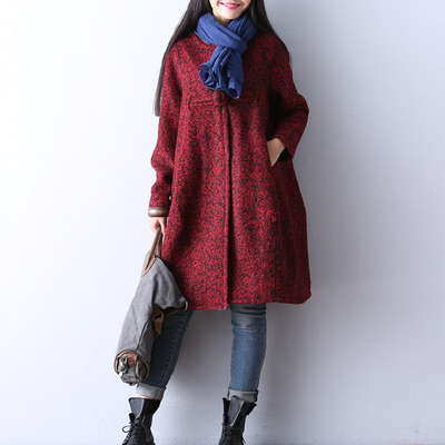2015冬季韩版新款 复古盘扣外套简约纯色宽松中长款毛呢大衣