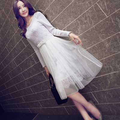 2015新款韩版秋装小香风蕾丝时尚连衣裙 纯色修身中长款针织A字裙