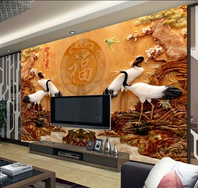 3D浮雕墙纸壁画仿玉雕大型客厅电视背景墙纸壁画中式大气福字壁
