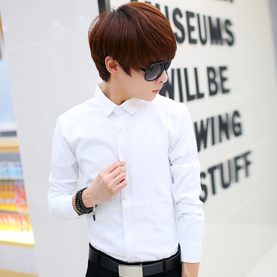 青少年小领长袖衬衫男士秋冬季韩版修身型纯色衬衣男装衬衫衣服潮