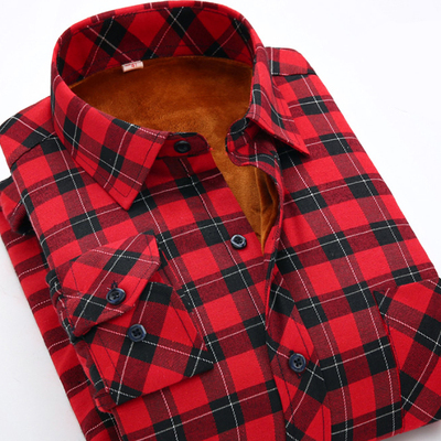 秋冬新品加绒加厚男士保暖衬衫长袖红色格子衬衣免烫潮流休闲寸衫