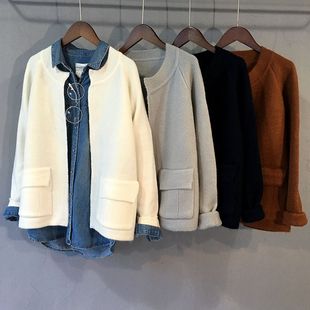 2016秋季女装新款文艺韩版圆领纯色口袋长袖直筒百搭外套开衫毛衣