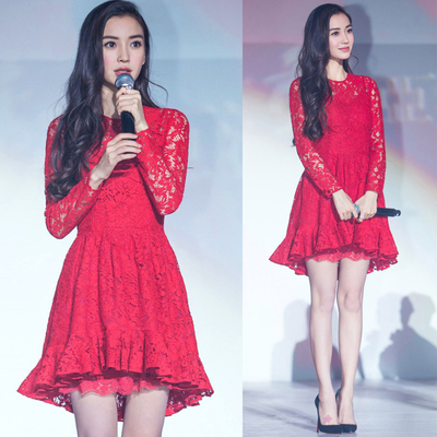 韩版baby明星同款红色修身镂空蕾丝短礼服伴娘不规则打底连衣裙潮