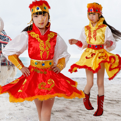 六一儿童草原舞藏族舞民族舞蹈服表演服装女童蒙古舞演出服送头饰
