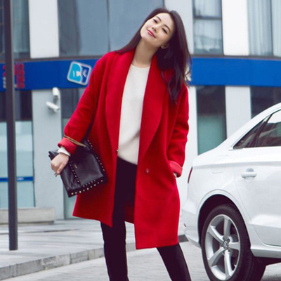 韩国代购2015 秋冬高圆圆流行时尚喜宴红色外套茧型羊毛呢女长款