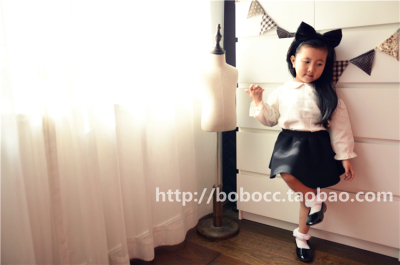 韩国女童 娃娃领 泡泡袖 长袖娃娃衫 棉麻衬衫