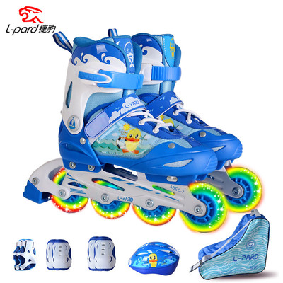 捷豹鸭小宝儿童轮滑鞋直排可调溜冰鞋全套装带闪灯新款旱冰鞋