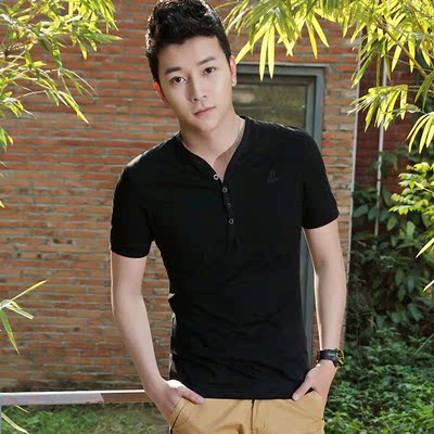 handaiwei 2015夏装新款 男士短袖T恤V领韩版修身纯棉打底衫半袖