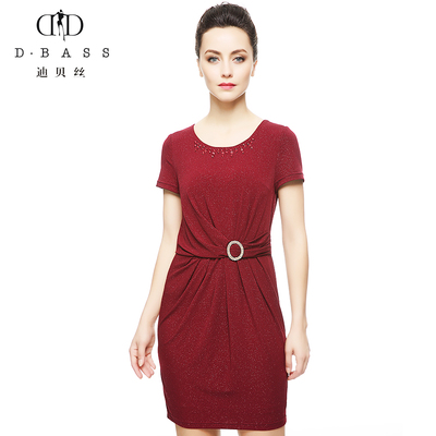 迪贝丝2015新款夏针织烫钻褶皱修身短袖连衣裙高端成熟女F01025T