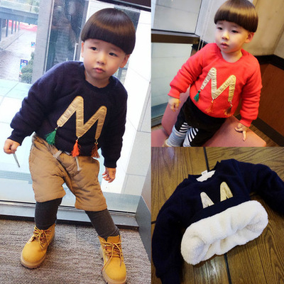 2015冬新款男女中小童装韩版儿童字母加绒卫衣 男女宝宝加绒T恤潮