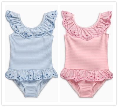 现货 英国NEXT正品代购 女童孩 蓝粉色条纹荷叶边连体泳衣装