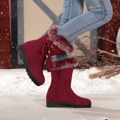 2015冬新款兔毛雪地靴女中筒厚底防水靴坡跟圆头短靴加厚棉靴子