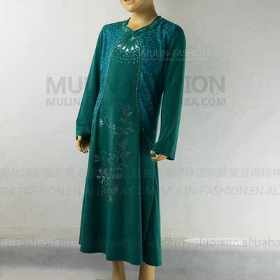 新款时尚穆斯林女童袍秋冬季长袖长裙伊斯兰烫钻假两套女童袍服饰