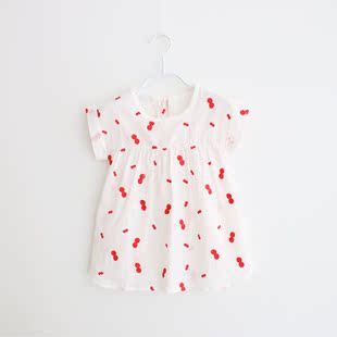 夏季女童纯棉精梳棉面料电脑刺绣白底红色樱桃图案短袖连衣裙包邮