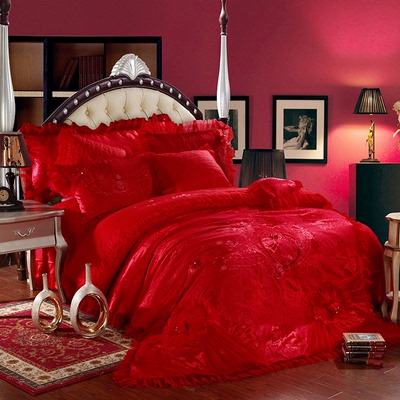 婚庆四件套大红色全棉多件套蕾丝绣花八件套结婚床上用品婚礼送礼