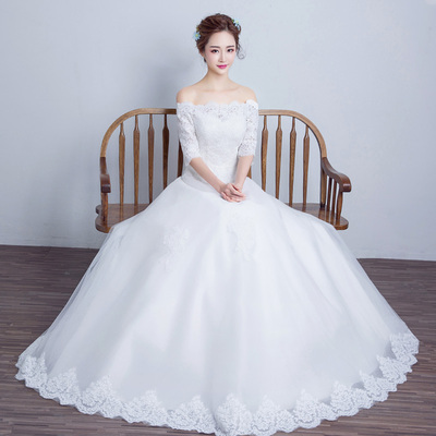 2016新款秋季韩式一字肩蓬蓬裙奢华齐地婚纱礼服新娘结婚显瘦时尚