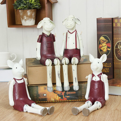 美式乡村情侣羊猪摆件儿童房电视柜玄关书房木偶吊脚摆设创意礼物