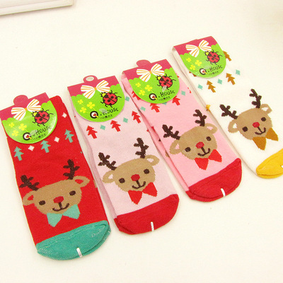 韩国圣诞麋鹿可爱点胶女童袜子 小童袜全棉纯棉圣诞节礼物童袜