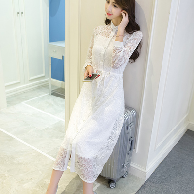 女装新款白色蕾丝修身连衣裙立领系带镂空印花长裙甜美气质连衣裙
