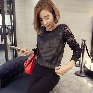 【小颖家】2015秋装新款韩版拼接蕾丝袖圆领长袖套头显瘦t恤衫 女