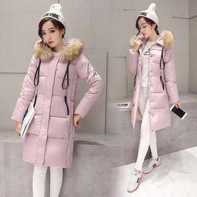 2016冬装新款韩版甜美立体修身连帽貉子大毛领羽绒棉服中长款外套