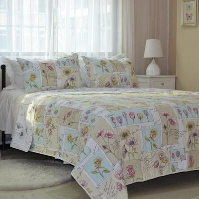 美式乡村全棉绗缝水洗被空调被 纯棉春秋三件套床上用品花卉床盖
